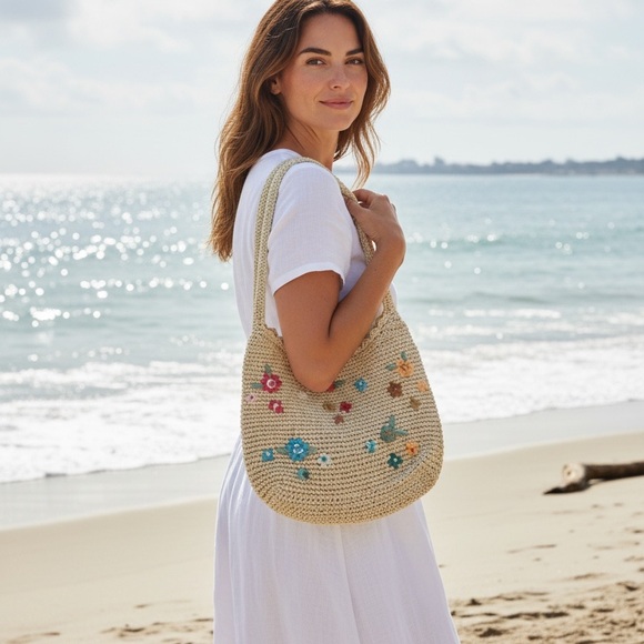 Capelli Straworld Floral Straw Crochet Shoulder Bag Boho Summer Beach Purse - Picture 3 of 16